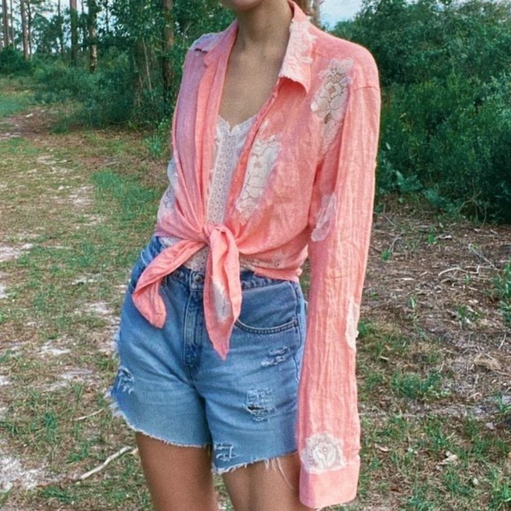 Vintage Orange Linen Floral Lace Button Down Blouse - Picture 11 of 11